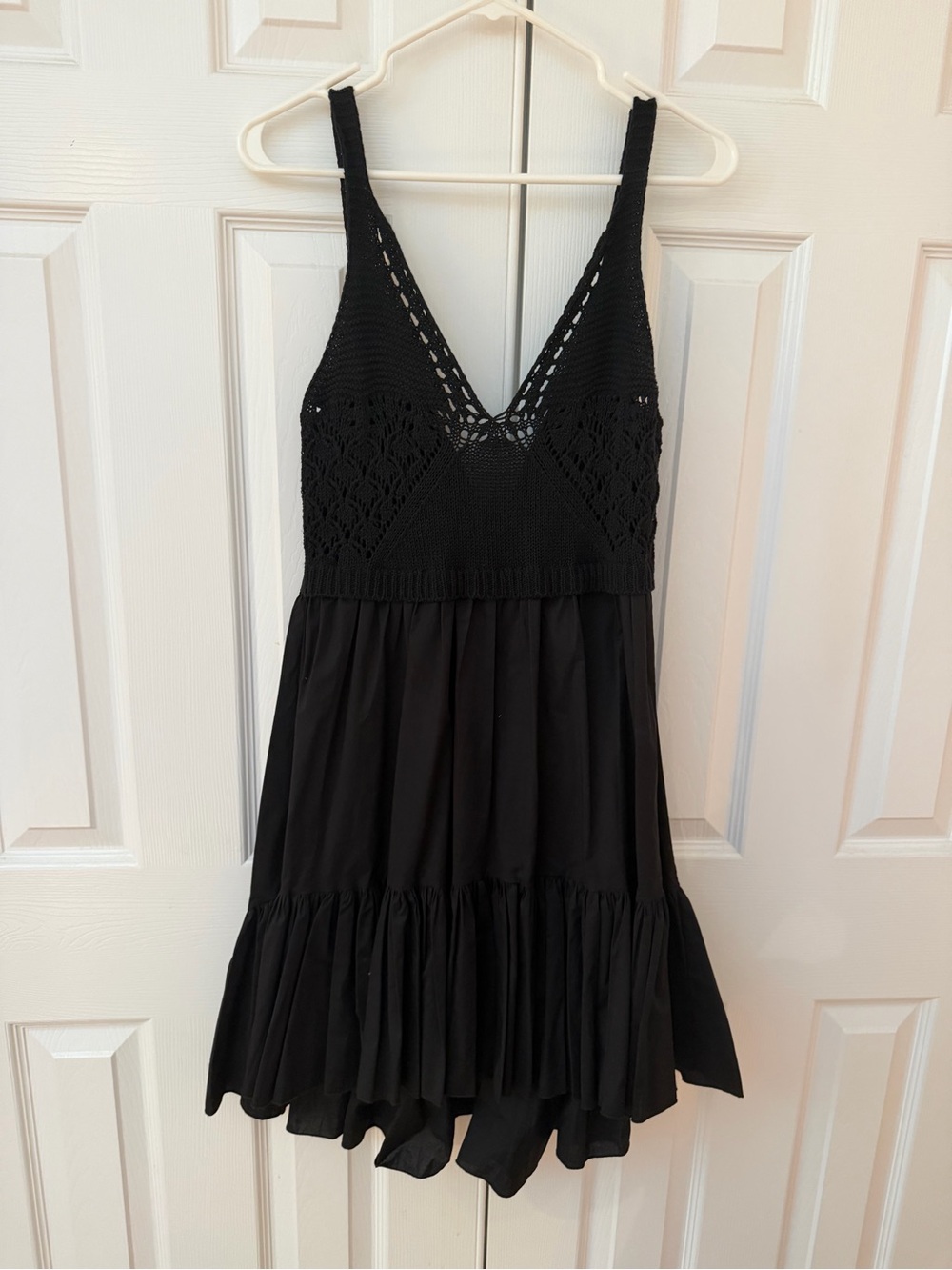 Pinko Black Crochet V-Neck High-Low Mini Dress